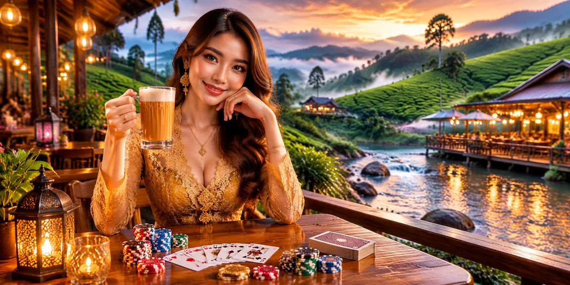 Pemain kasino memegang kad poker di Malaysia, berpakaian kebaya tradisional